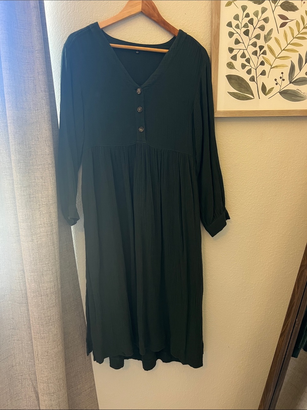Madewell Dark Green V-Neck Midi Dress with Button Placket